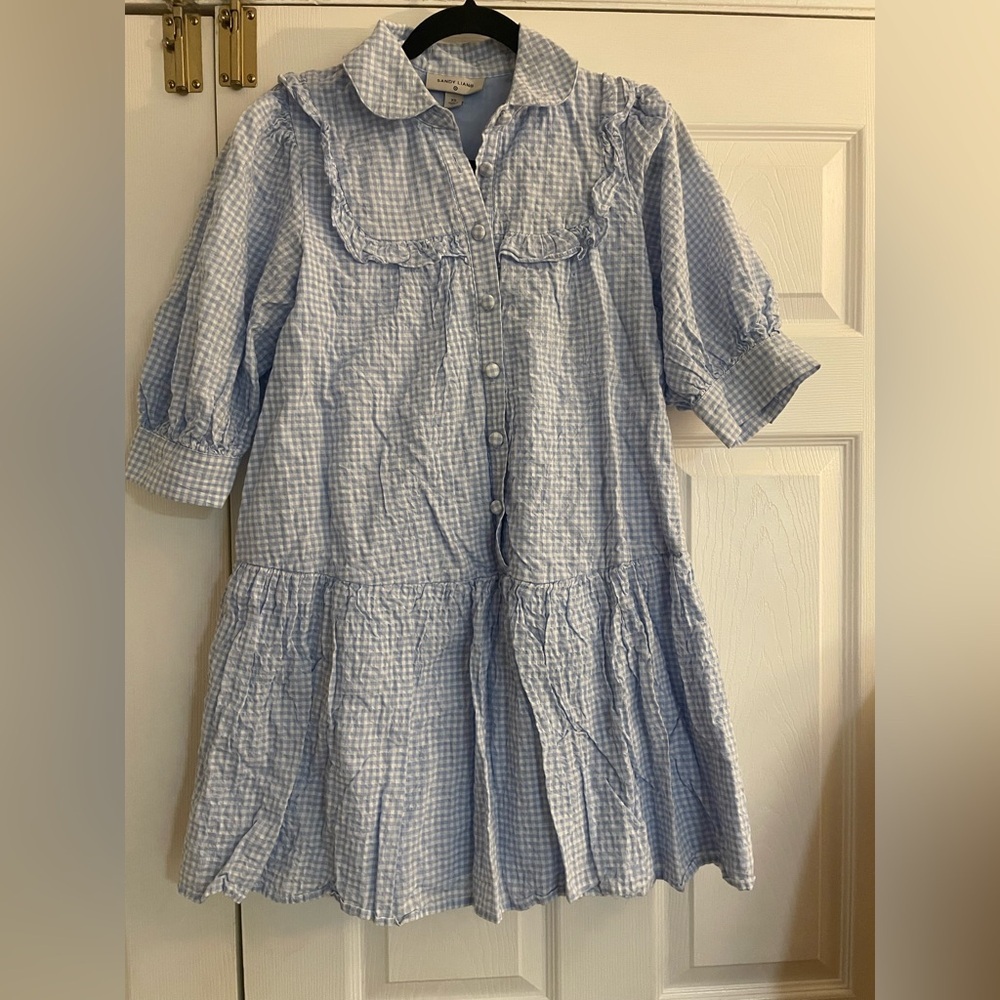 Sandy Liang Blue and white seersucker Gingham Button-Down 3/4 sleeve Dress XS